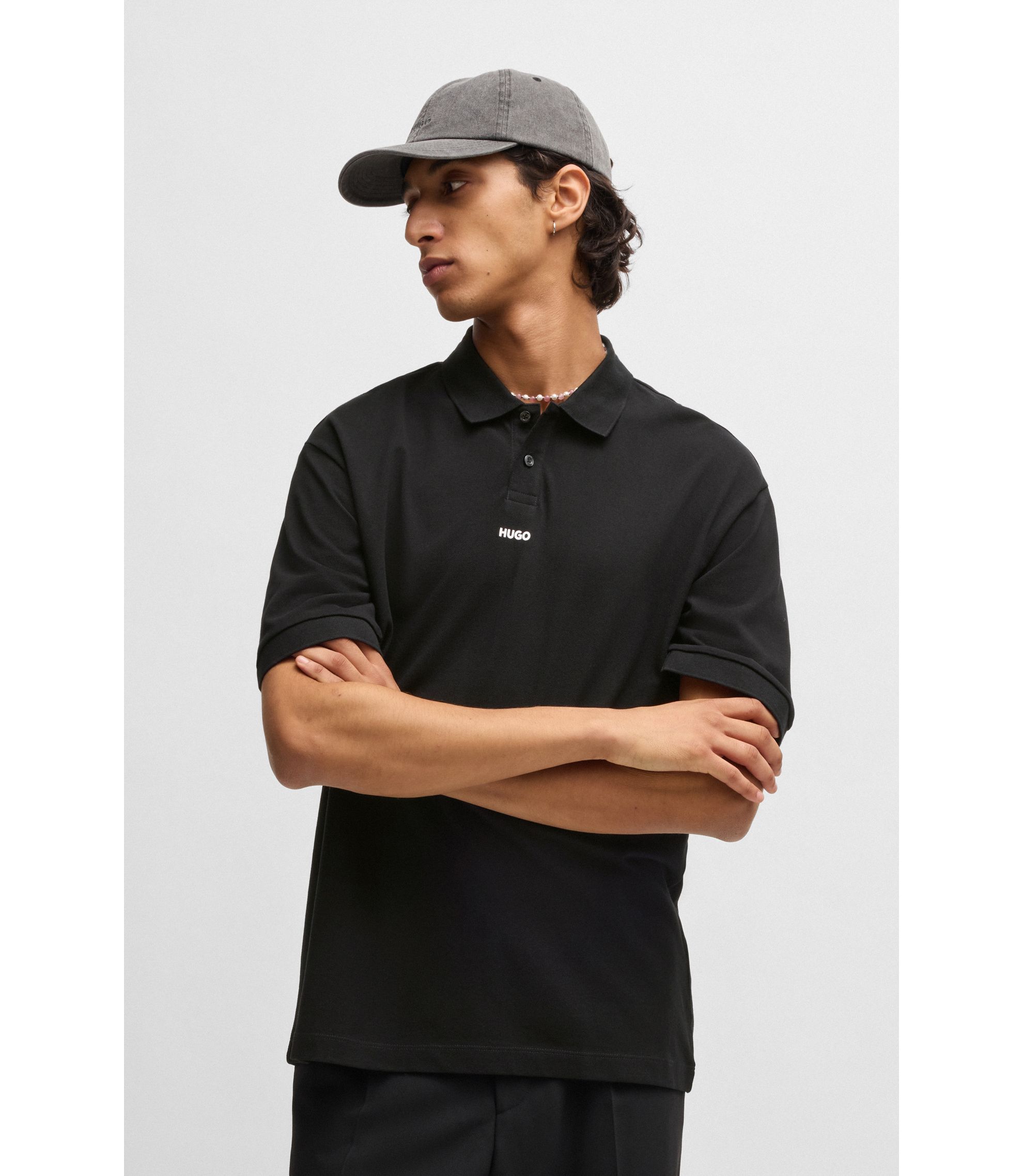 HUGO - Cotton-piqué polo shirt with logo print - Black