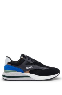 Hugo Boss Mixed-material Lace-up Trainers With Suede Trims In Dark Grey