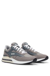 Mixed-material lace-up trainers with suede trims, Grey