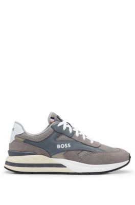Hugo Boss Mixed-material Lace-up Trainers With Suede Trims In Grey