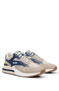 Mixed-material lace-up trainers with suede trims, Light Beige