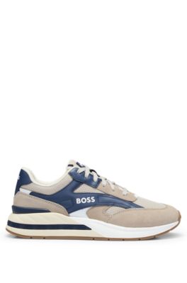 Hugo Boss Mixed-material Lace-up Trainers With Suede Trims In Light Beige