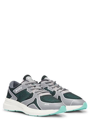 Mixed-material trainers with mesh and branding, Light Grey