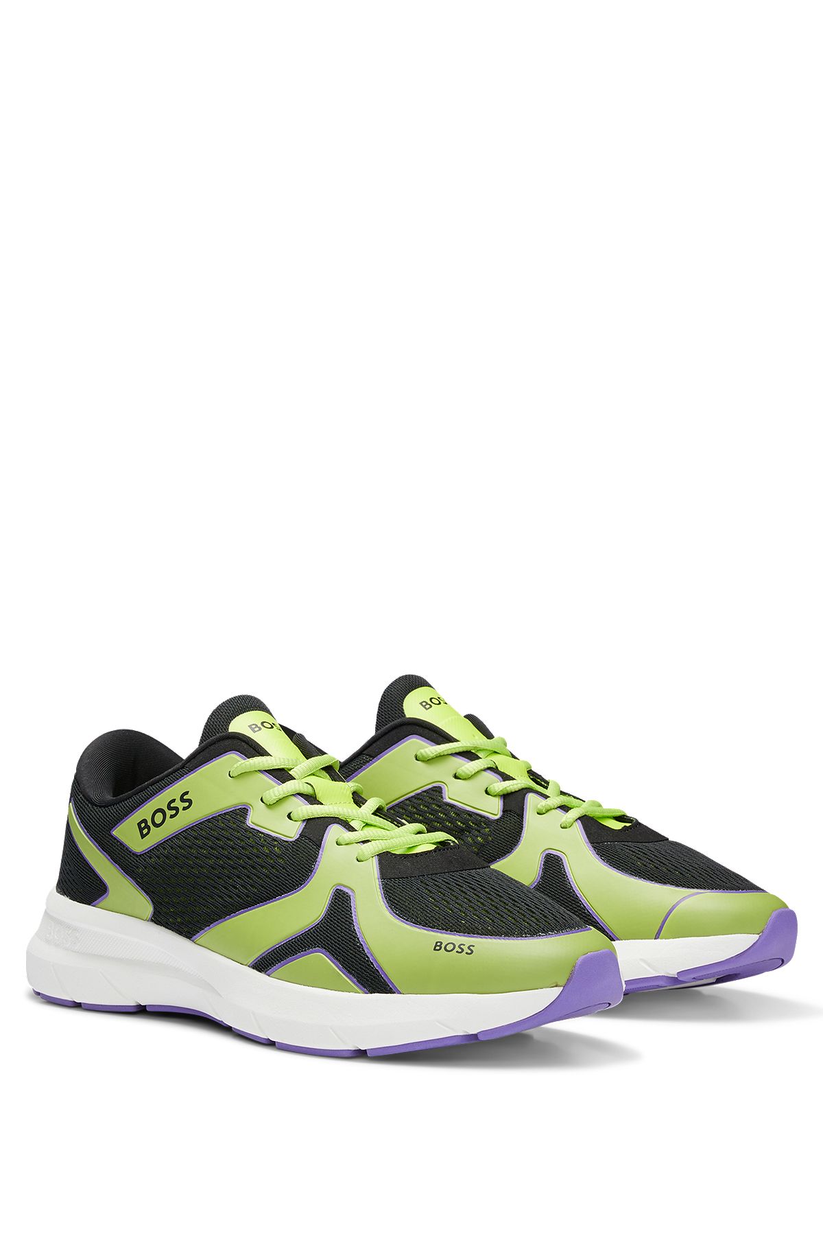 Mixed-material trainers with mesh and branding, Light Green