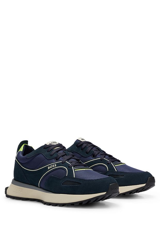Mixed-material low-top trainers with branded details, Dark Blue