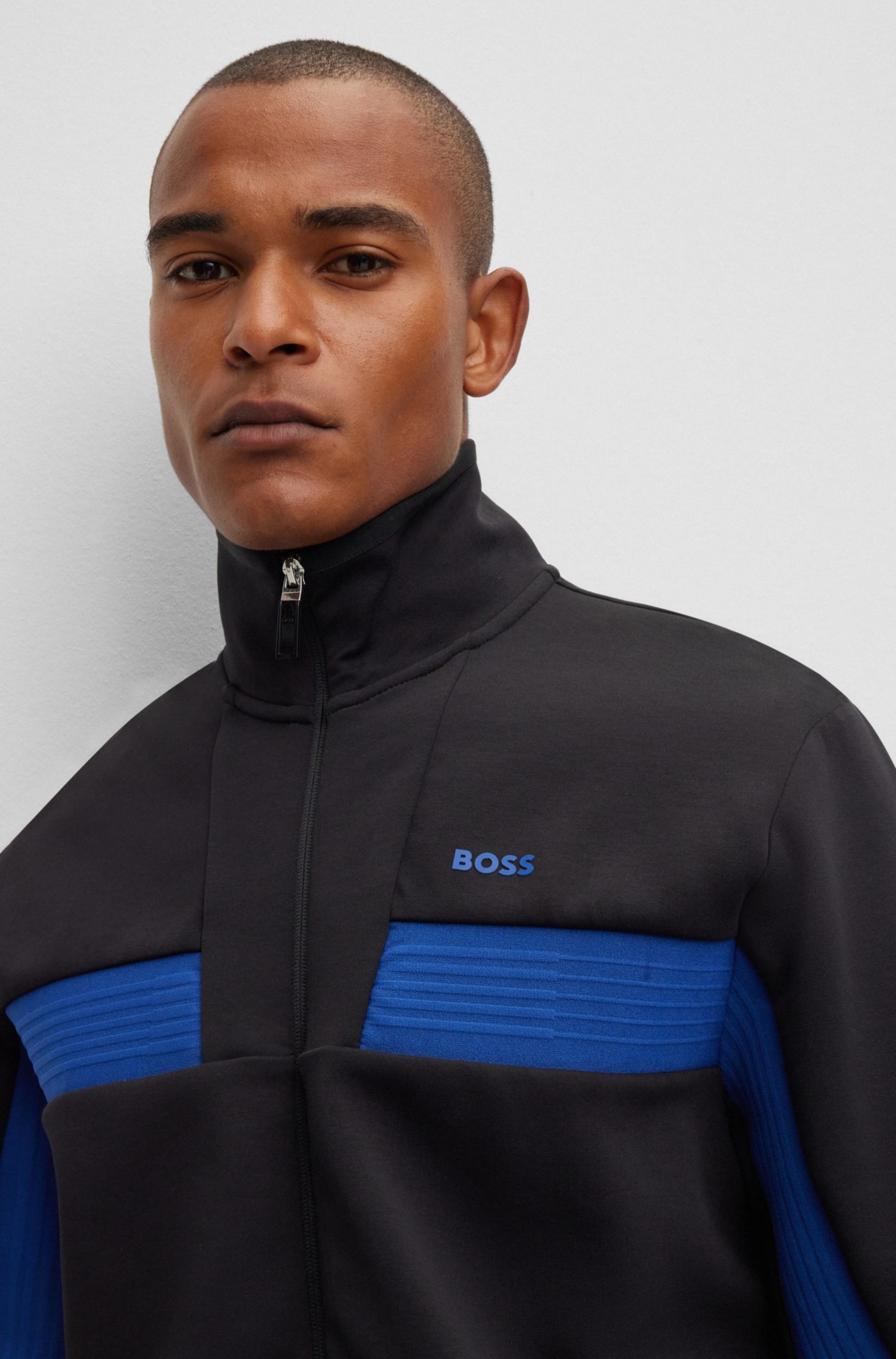 BOSS - Active-stretch zip-up hoodie with decorative reflective pattern