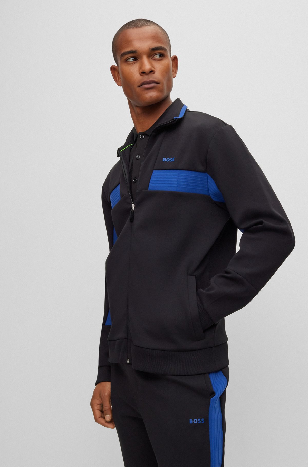 BOSS - Cotton-blend zip-up sweatshirt with tape trims - Black BOSS - Cotton-blend zip-up sweatshirt with tape trims - Black