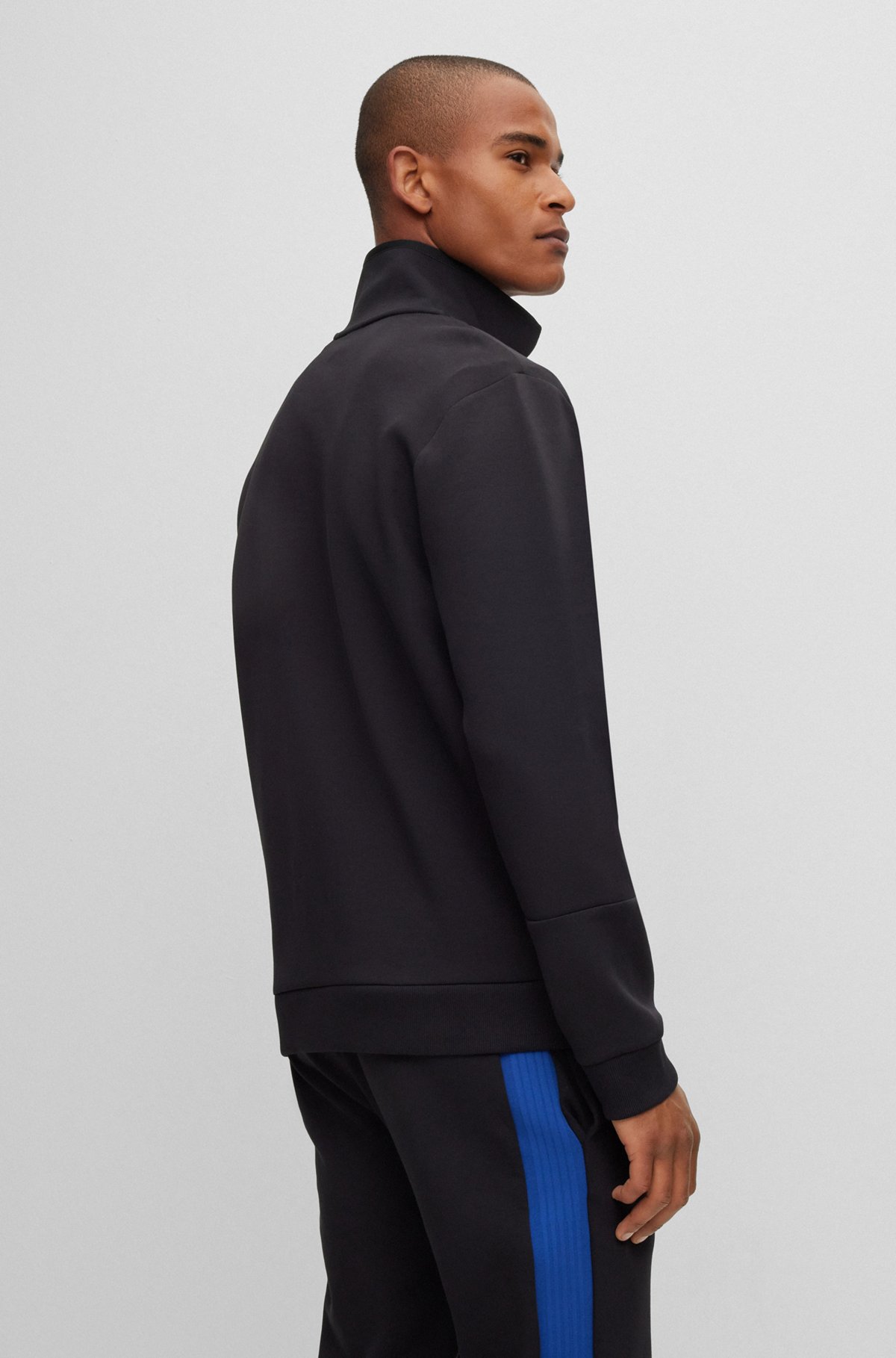 Cotton-blend zip-up sweatshirt with tape trims, Black