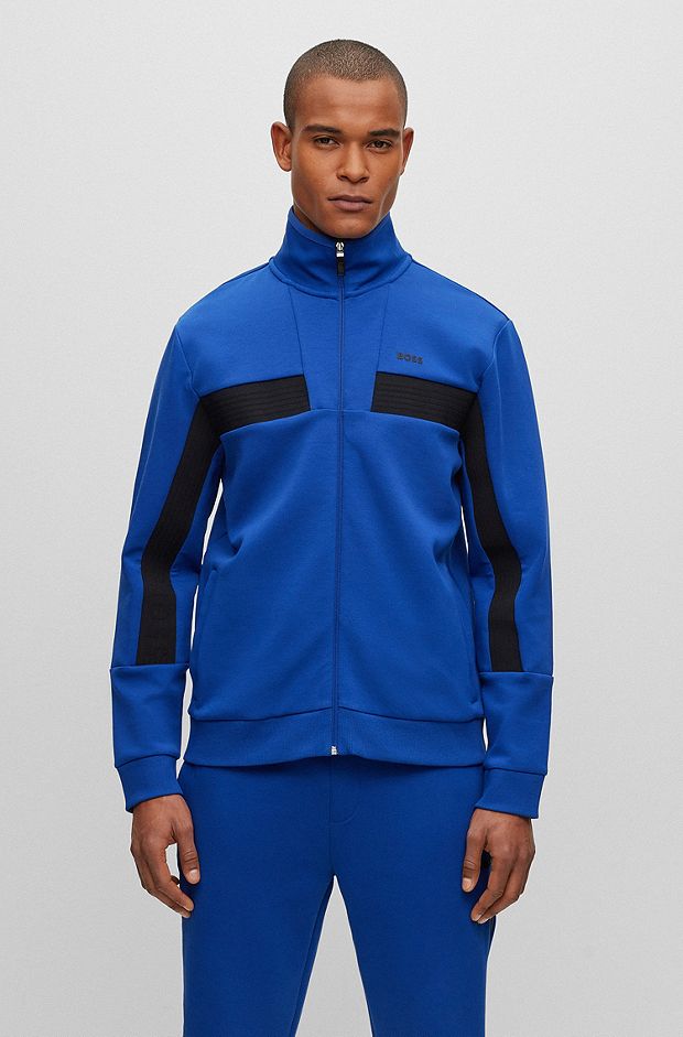 Cotton-blend zip-up sweatshirt with tape trims, Blue