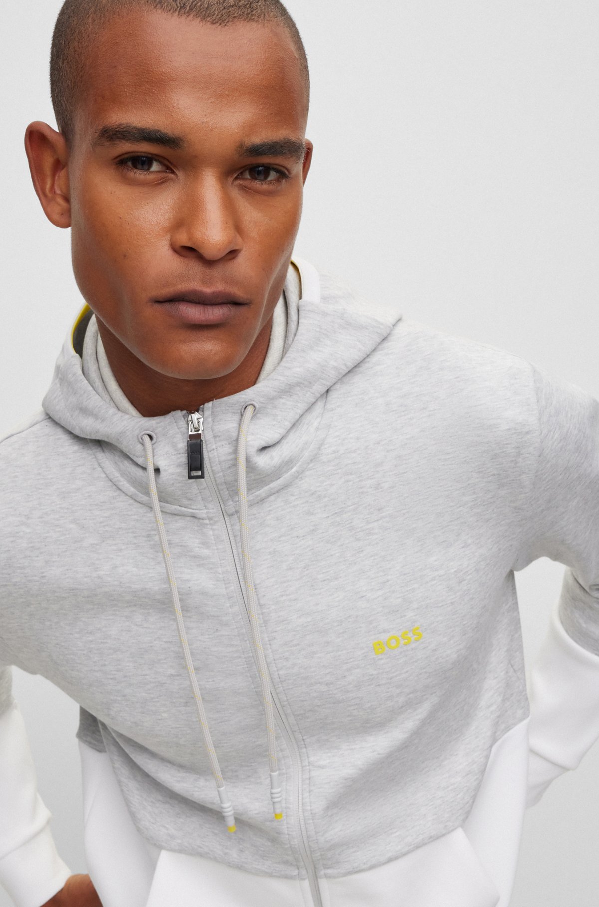 Cotton-blend zip-up hoodie with embroidered logo, Light Grey