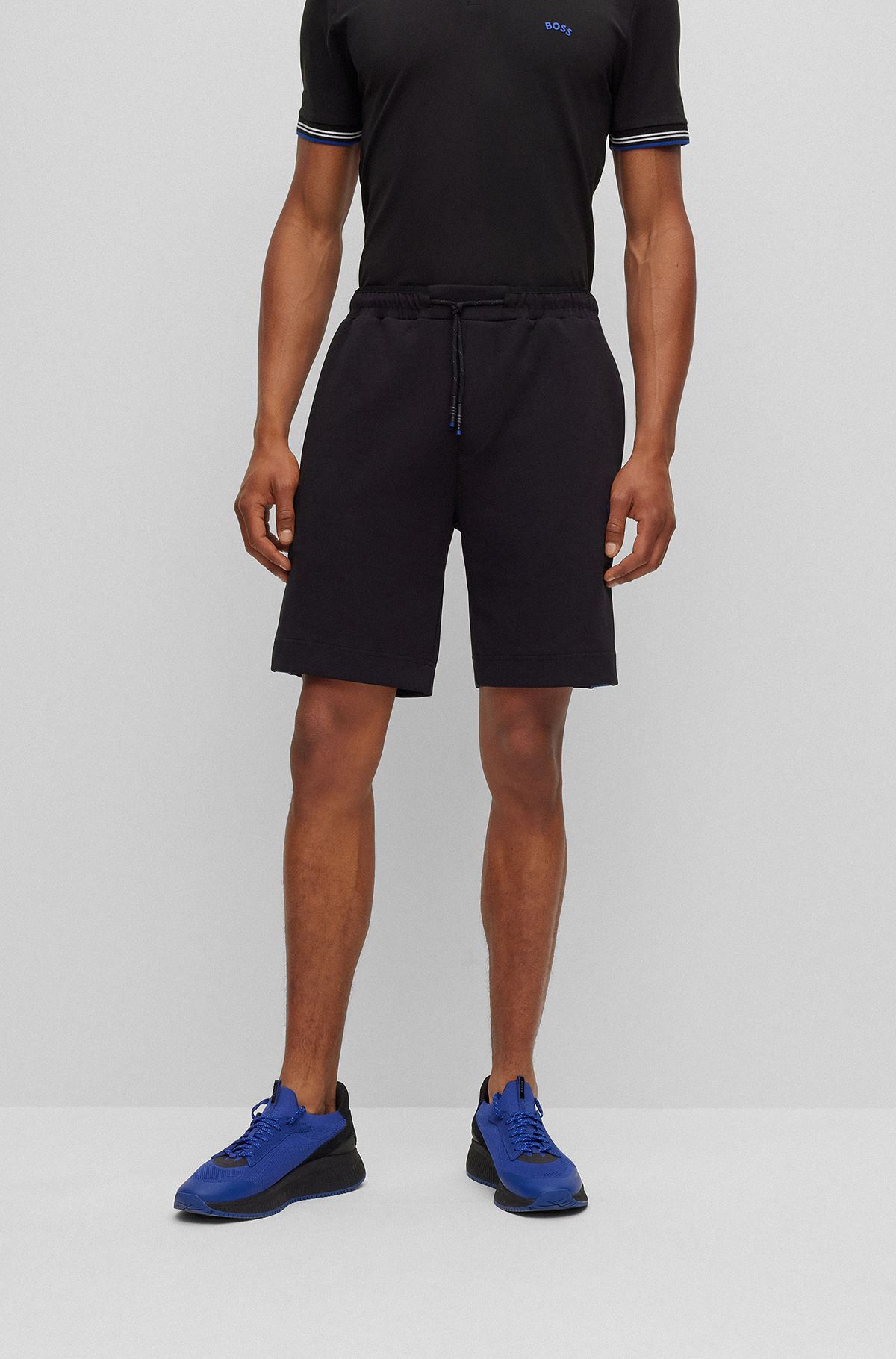 Stretch-cotton-blend shorts with tape trims, Black