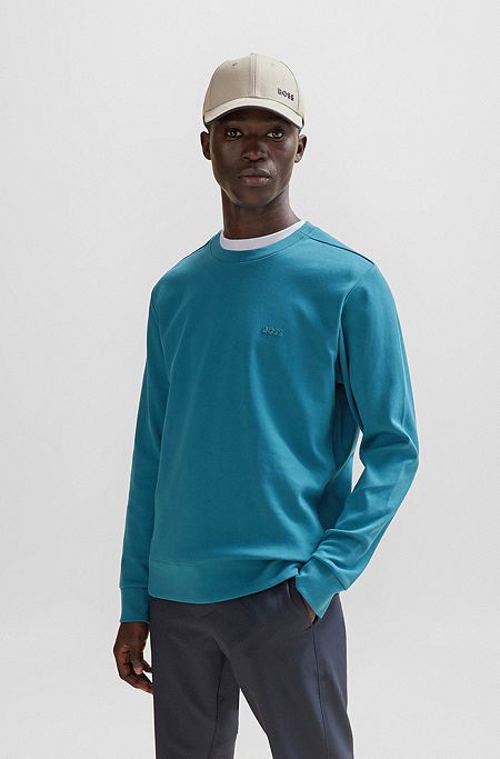 Interlock-cotton sweatshirt with logo detail and crew neckline, Blue