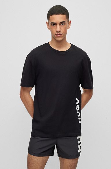 T-shirt en jersey de coton avec logo vertical contrastant, Noir