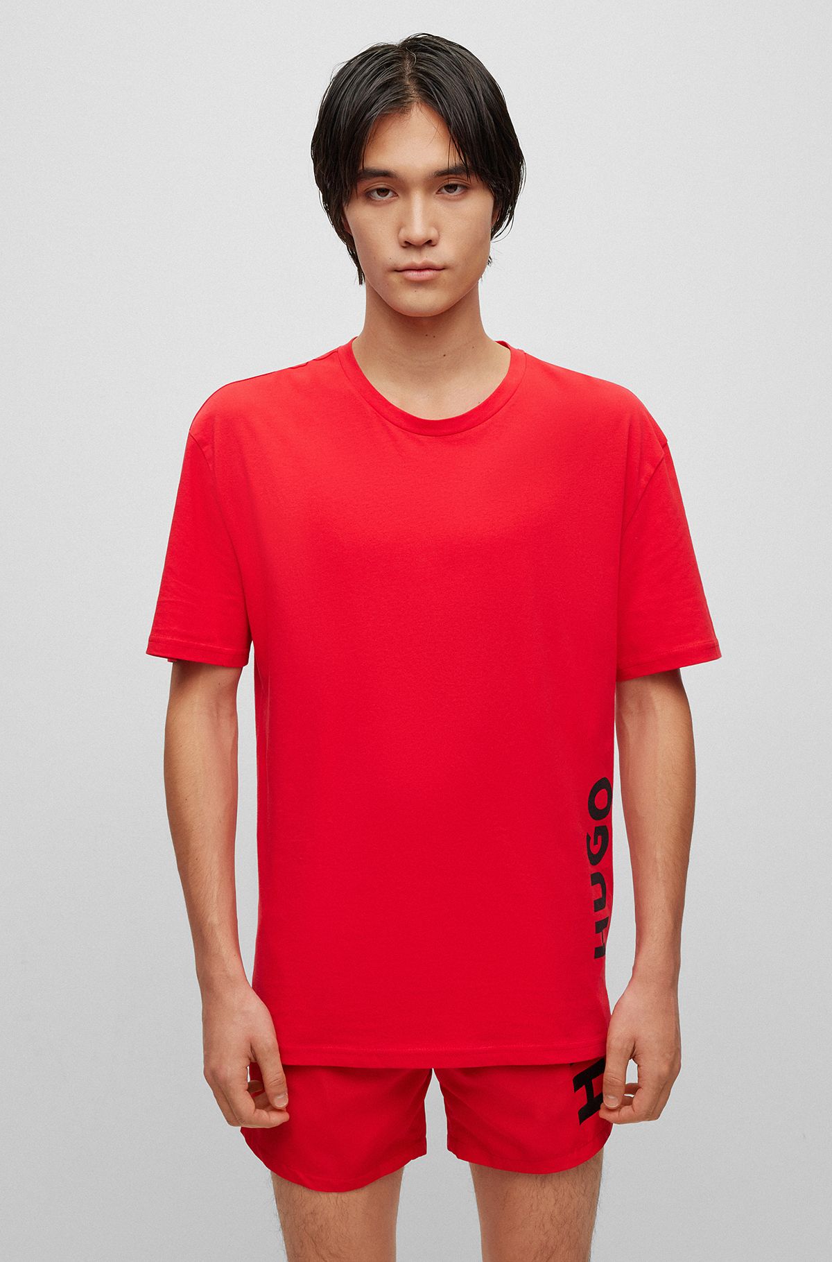 T-shirt en jersey de coton avec logo vertical contrastant, Rose clair