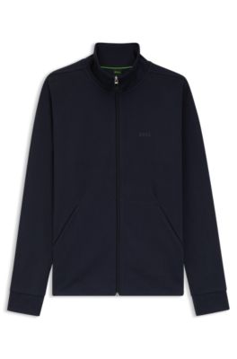 Zipper-up sweatshirt in interlock cotton with tonal logo, Dark Blue