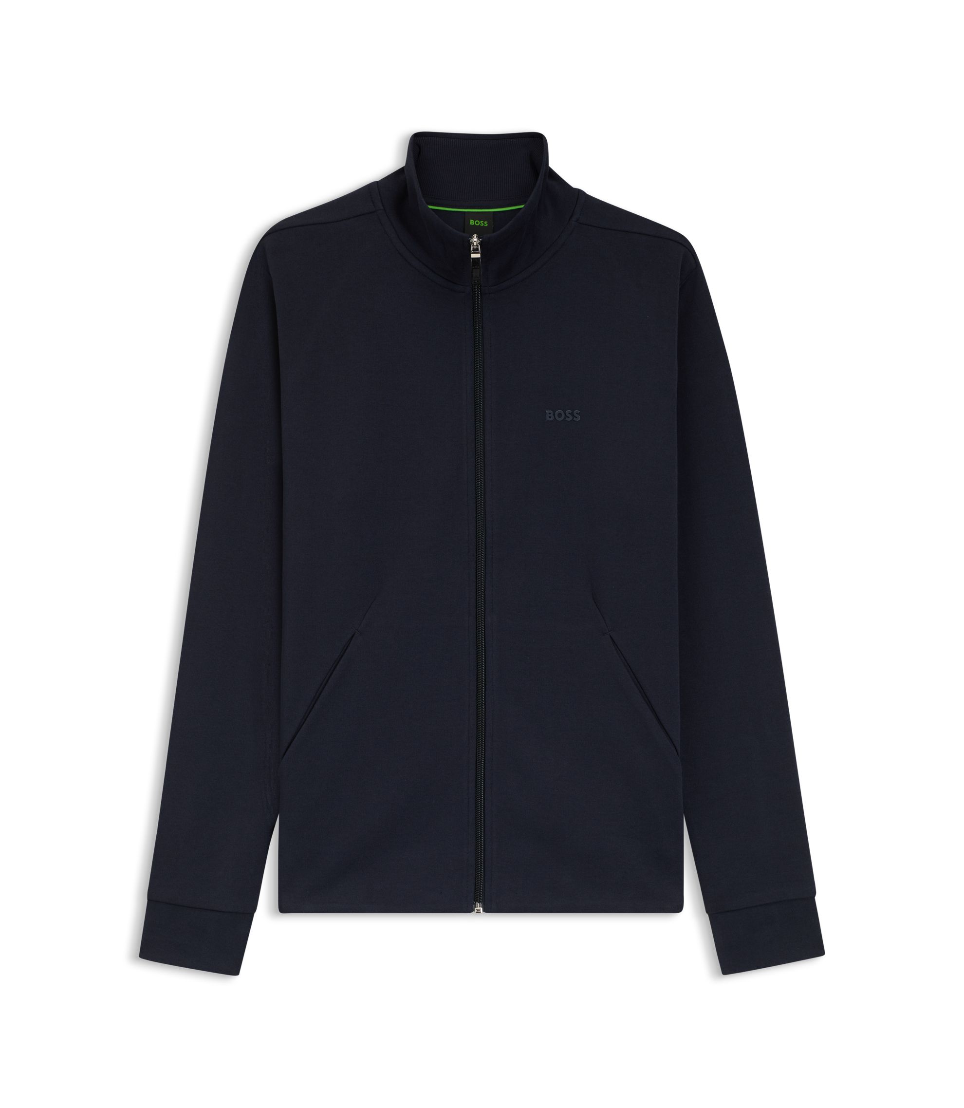 極美品 HUGO BOSS シルク 混 ニット 切り替え 中綿 ブルゾン S BOSS - Zipper-up sweatshirt in interlock cotton with tonal logo