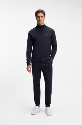 Zipper-up sweatshirt in interlock cotton with tonal logo, Dark Blue