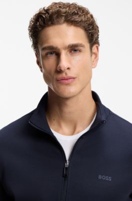 Zipper-up sweatshirt in interlock cotton with tonal logo, Dark Blue