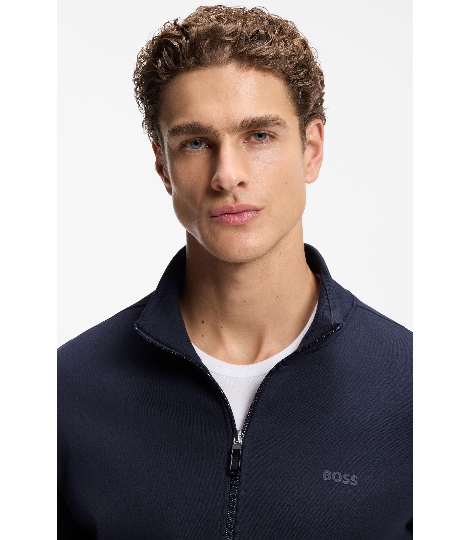 BOSS - Zipper-up sweatshirt in interlock cotton with tonal logo