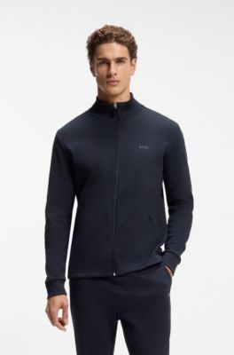 Zipper-up sweatshirt in interlock cotton with tonal logo, Dark Blue