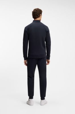 Zipper-up sweatshirt in interlock cotton with tonal logo, Dark Blue