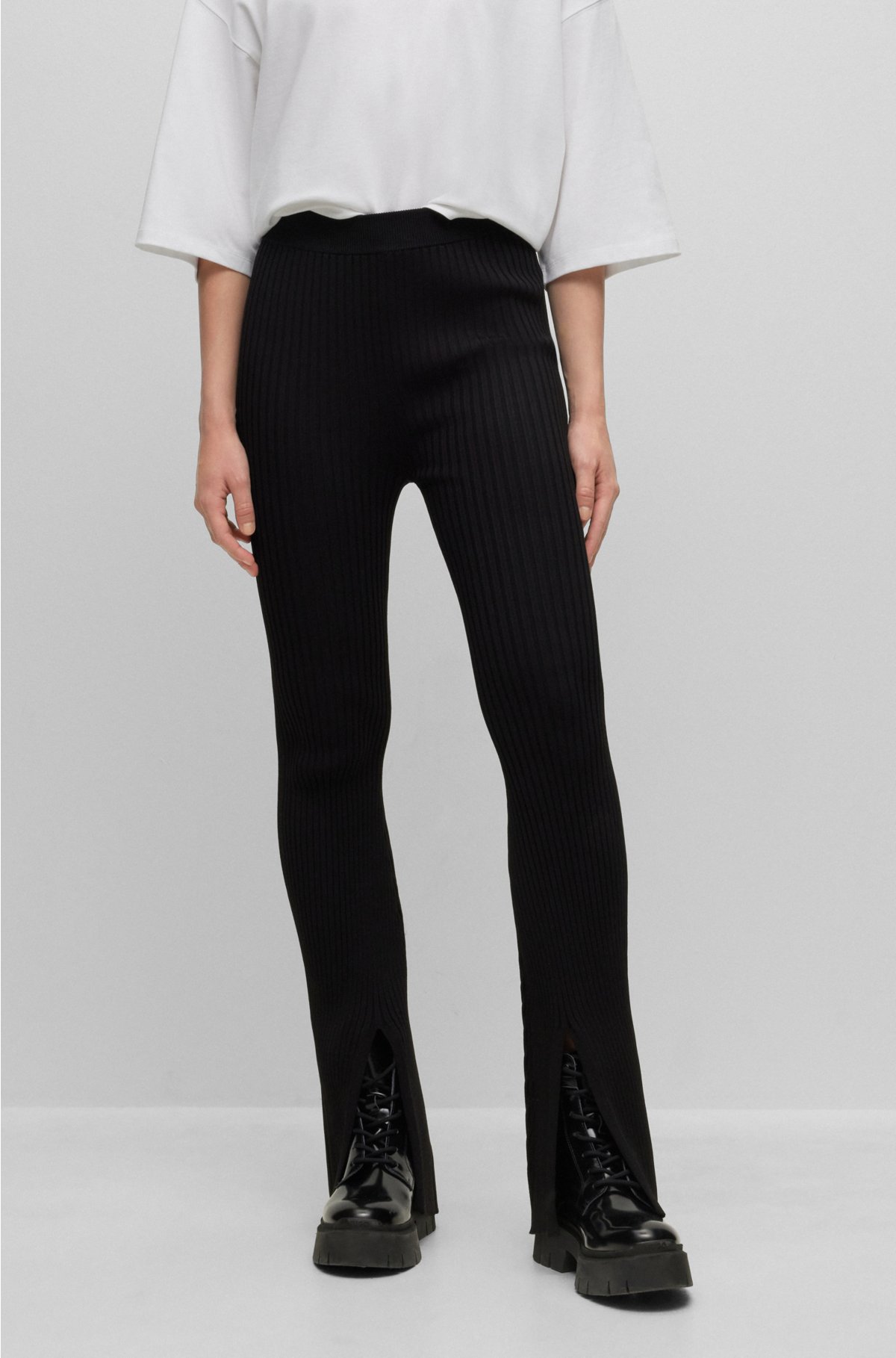 HUGO - Ribbed-crepe regular-fit trousers with slit hems