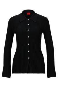 Slim-fit cardigan with ribbed structure, Black
