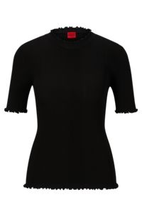 Mock-neck sweater with short sleeves and ribbed structure, Black