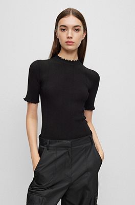 HUGO - Mock-neck sweater with short sleeves and ribbed structure