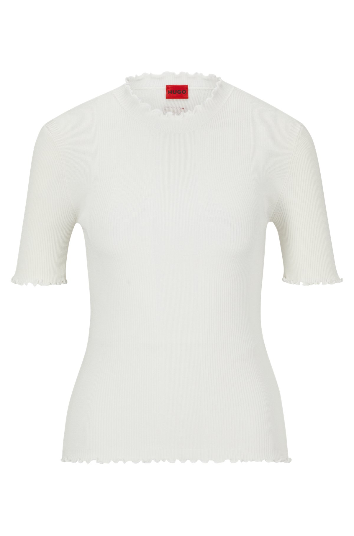 Mock-neck sweater with short sleeves and ribbed structure, White