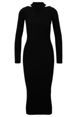 Hugo Long-sleeved Knitted Tube Dress With Cut-out Details In Black
