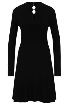 BOSS - Long-sleeved dress with feature neckline in stretch yarns