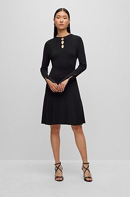 BOSS - Long-sleeved dress with feature neckline in stretch yarns