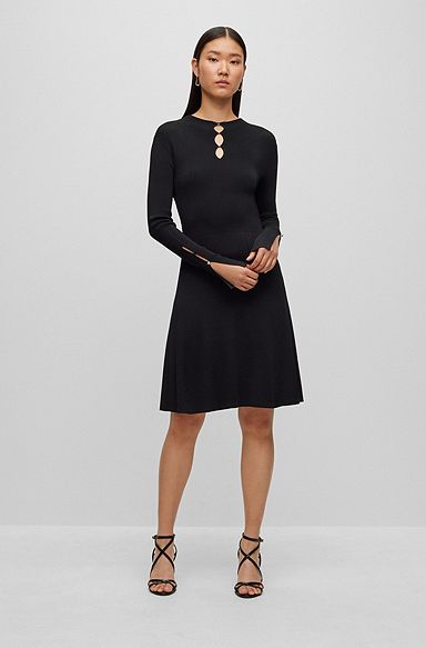 Long-sleeved dress with feature neckline in stretch yarns, Black