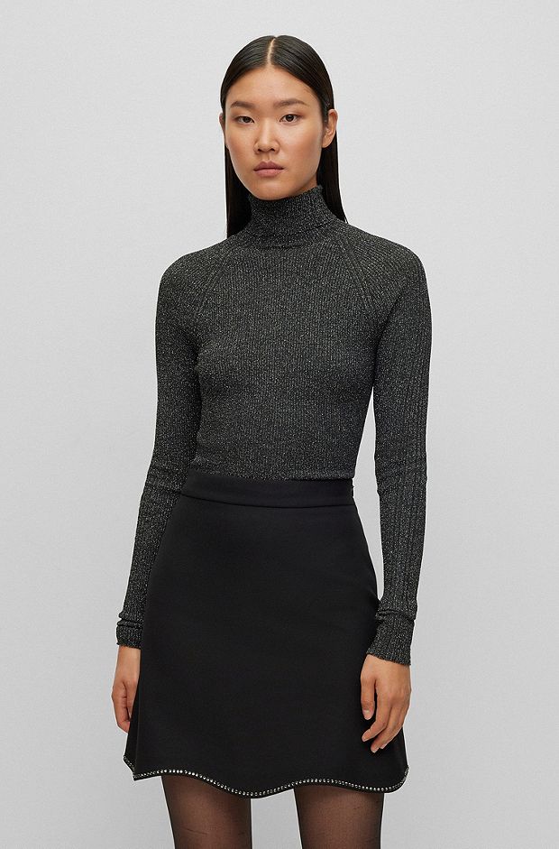 Ribbed sweater in metalized fabric with mock neckline, Black