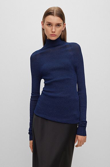 Ribbed sweater in metalized fabric with mock neckline, Dark Blue