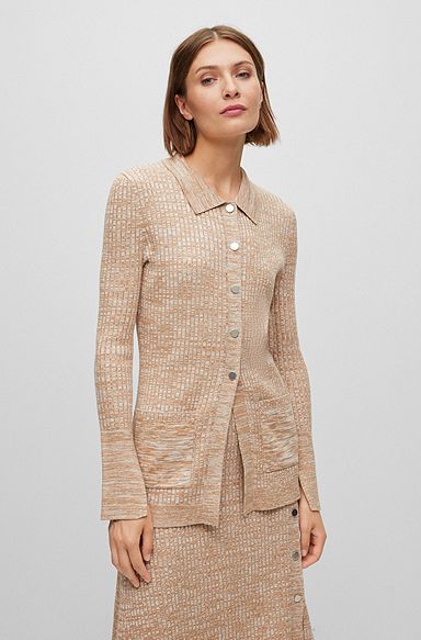 Mouliné ribbed cardigan with metallic monogram buttons, Patterned