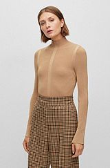 High-neck sweater in a ribbed knit, Beige