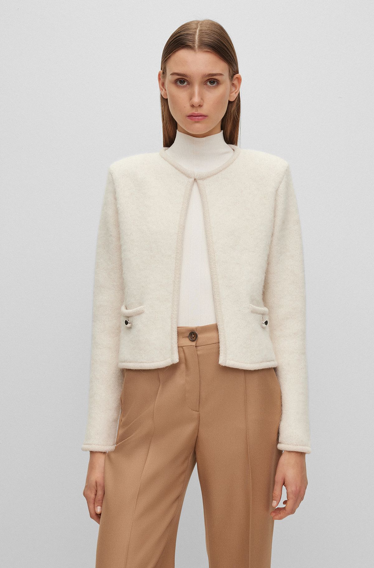 Open-front cardigan with buttoned pockets, White