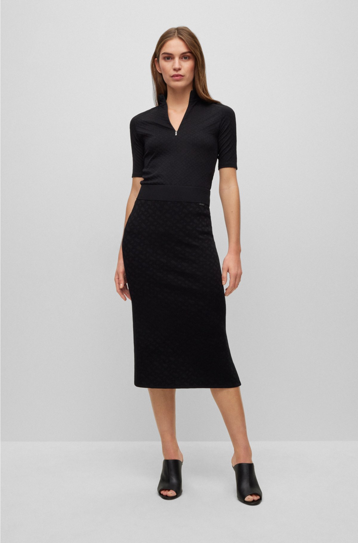 BOSS - Knitted jacquard-pattern pencil skirt with logo trim