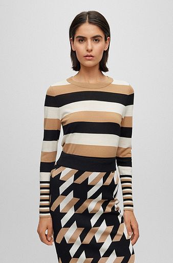 Wool sweater with horizontal stripes and crew neck, Patterned