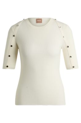 Hugo Boss Short-sleeved Sweater In Stretch Fabric With Hardware Details In White