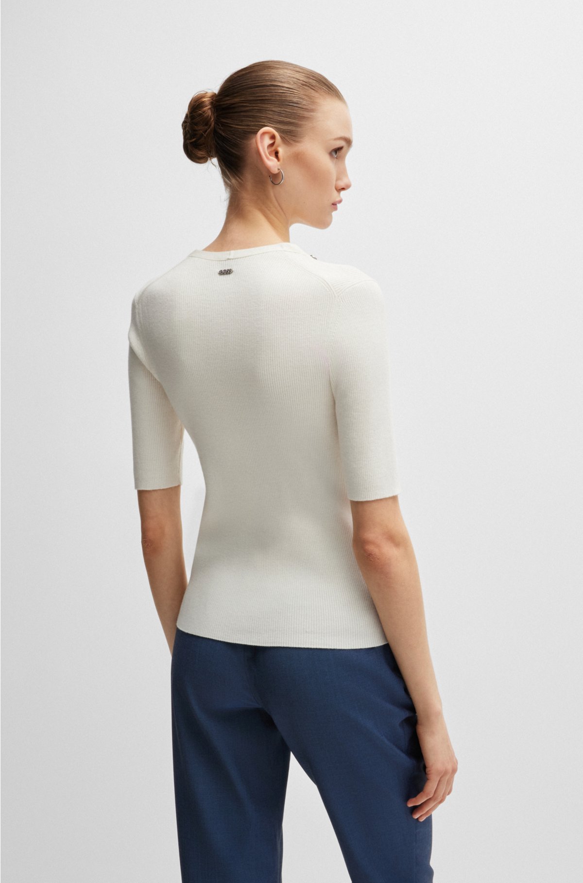Short-Sleeved Sweater Ecru Cashmere and Silk Knit