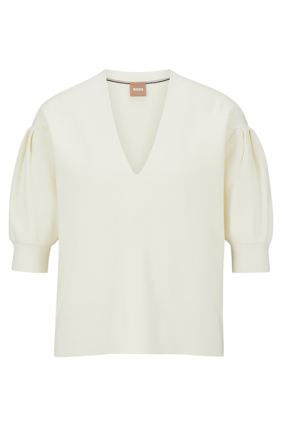 V-neck sweater with puff sleeves, White