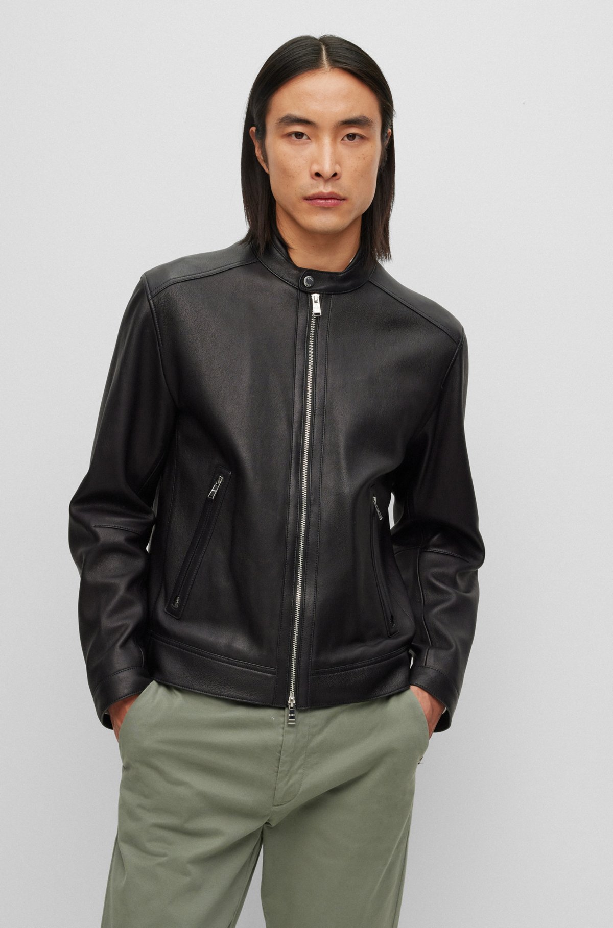 BOSS - Regular-fit jacket in lamb leather with stand collar