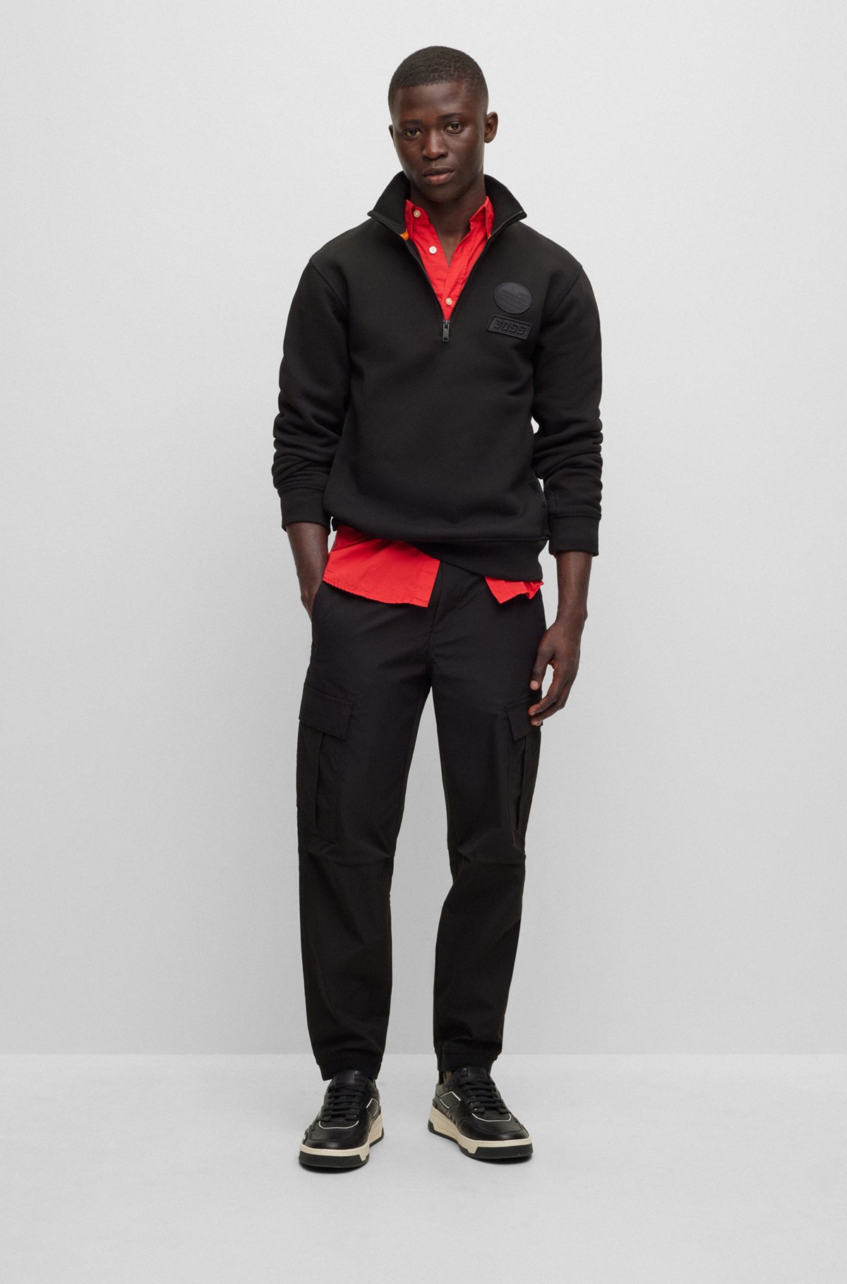 BOSS - Cotton-terry zip-neck sweatshirt with racing-inspired details