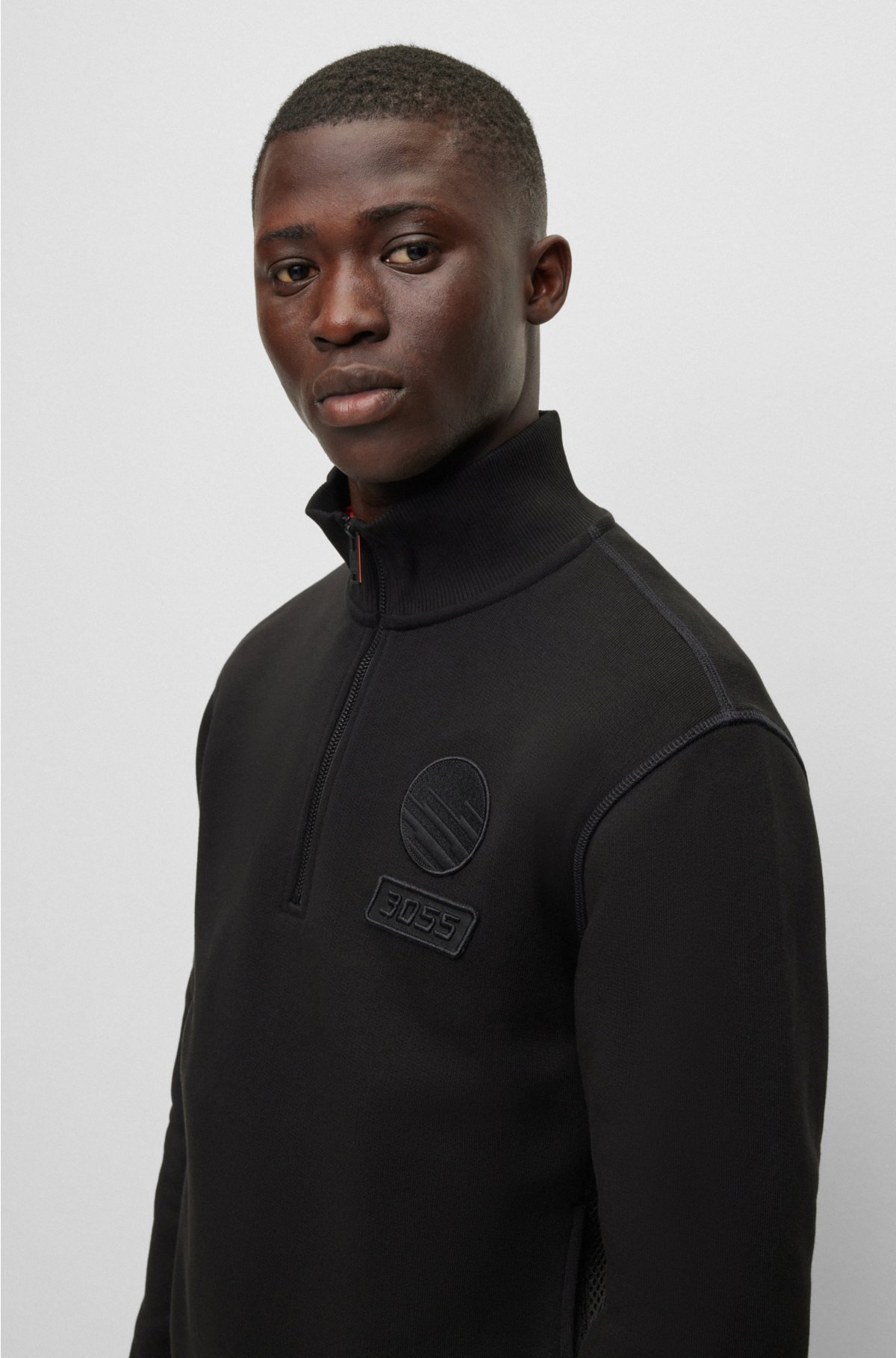Cotton-terry zip-neck sweatshirt with racing-inspired details, Black