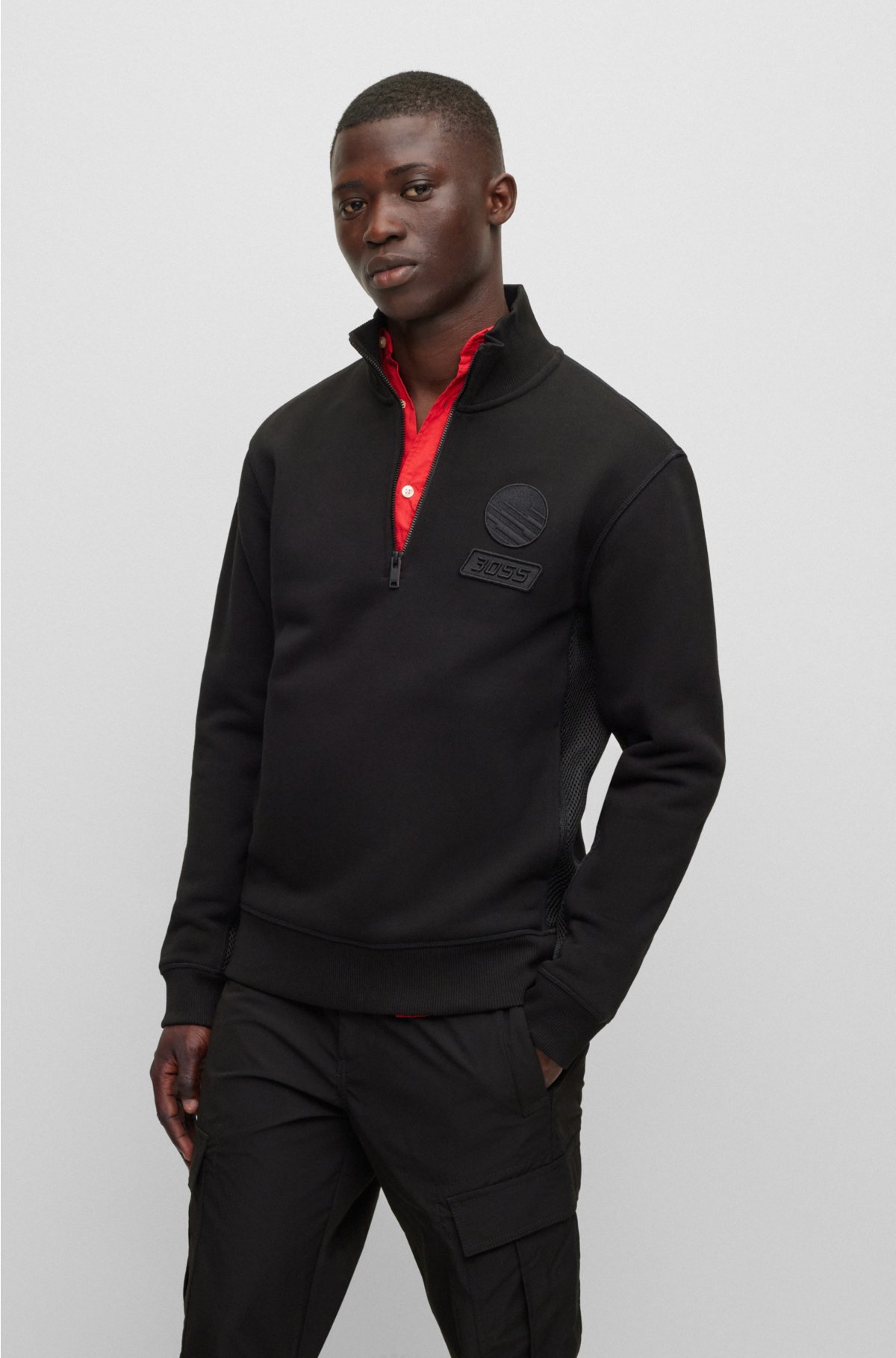 Cotton-terry zip-neck sweatshirt with racing-inspired details, Black