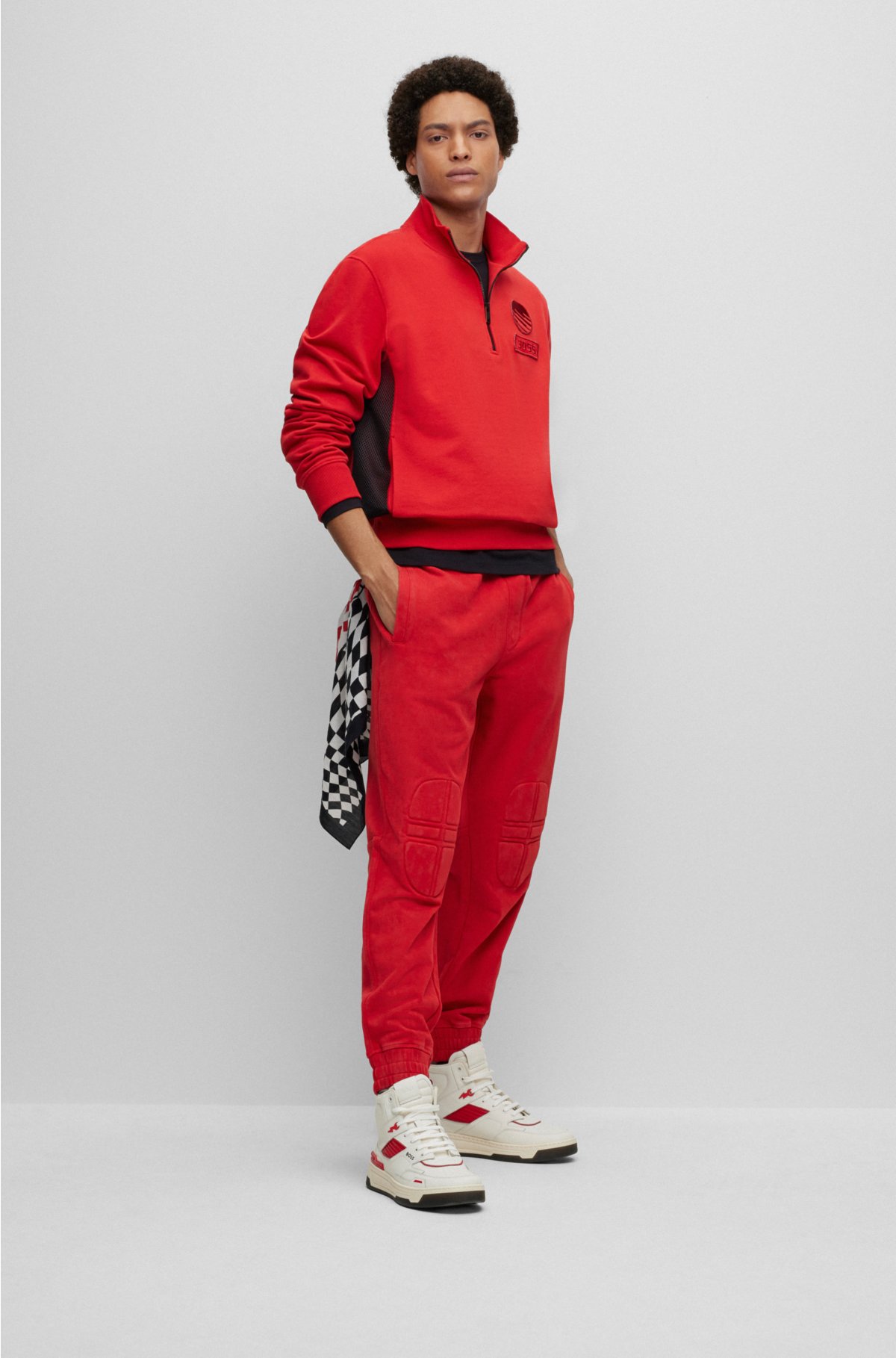 Cotton-terry zip-neck sweatshirt with racing-inspired details, Red