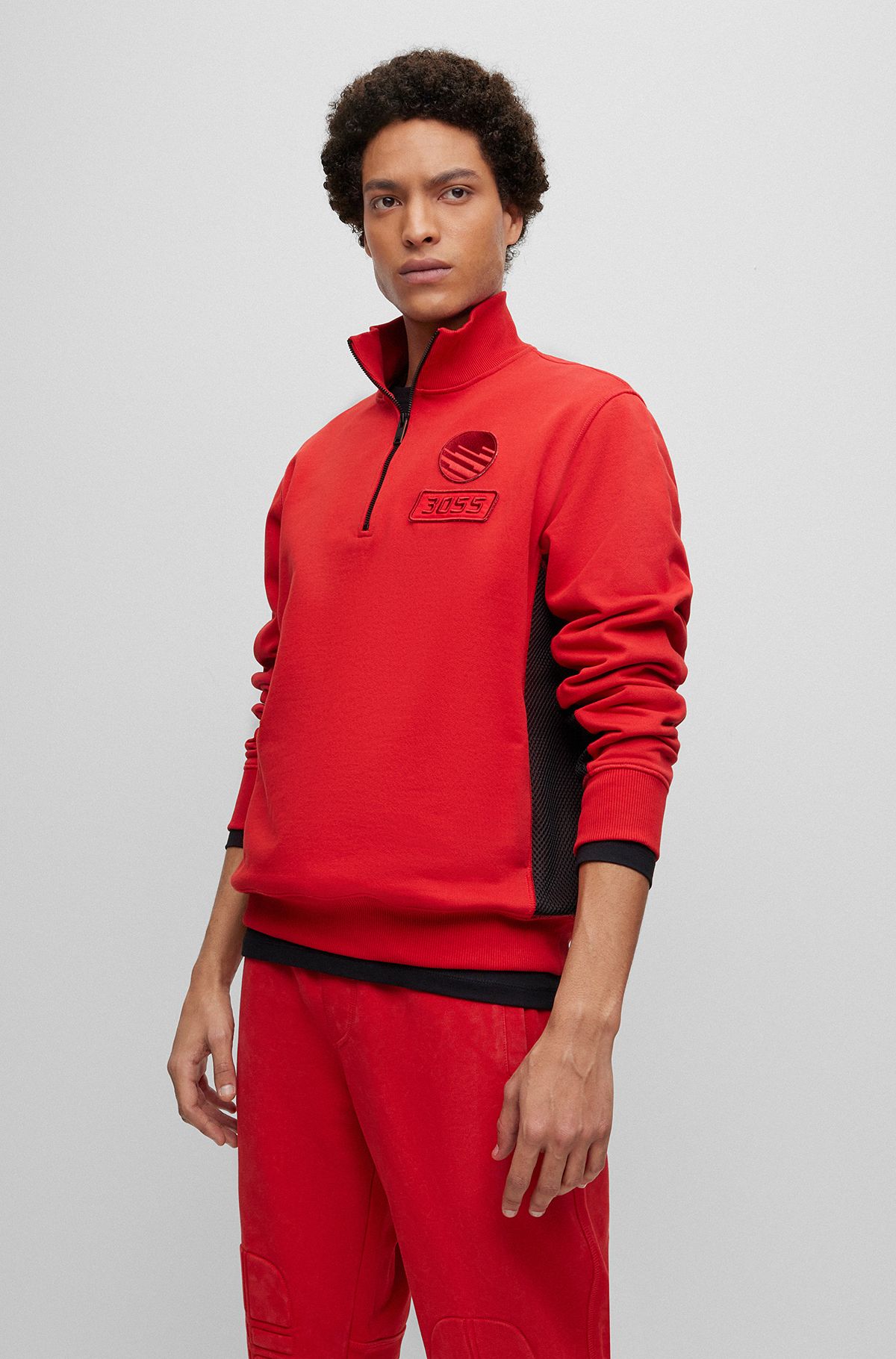 Cotton-terry zip-neck sweatshirt with racing-inspired details, Red